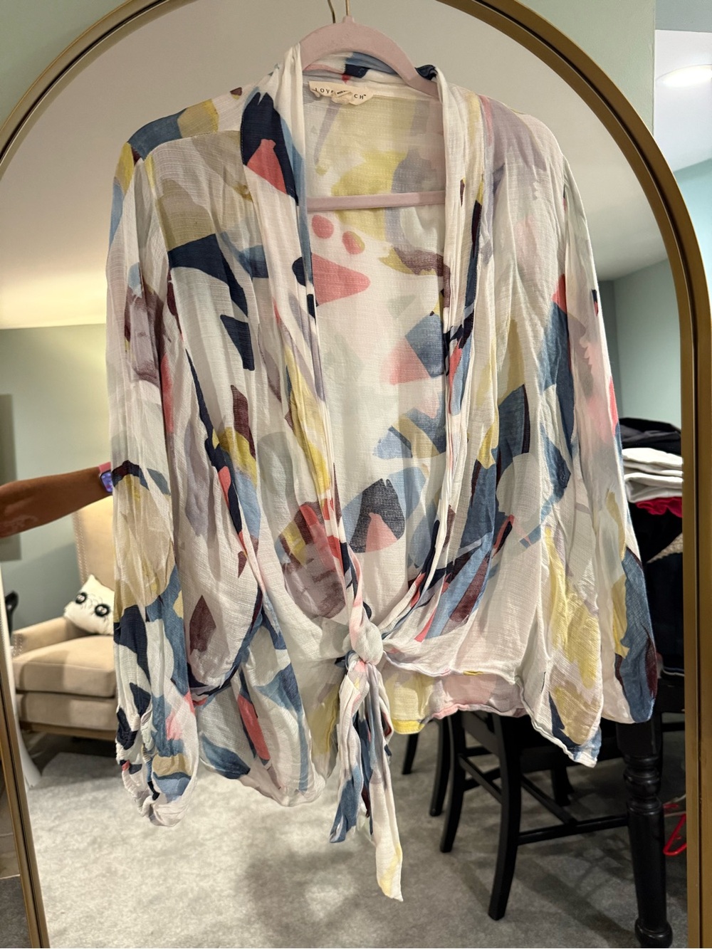 lovestitch White Abstract Tie-Front Blouse with Pink, Blue & Yellow Accents